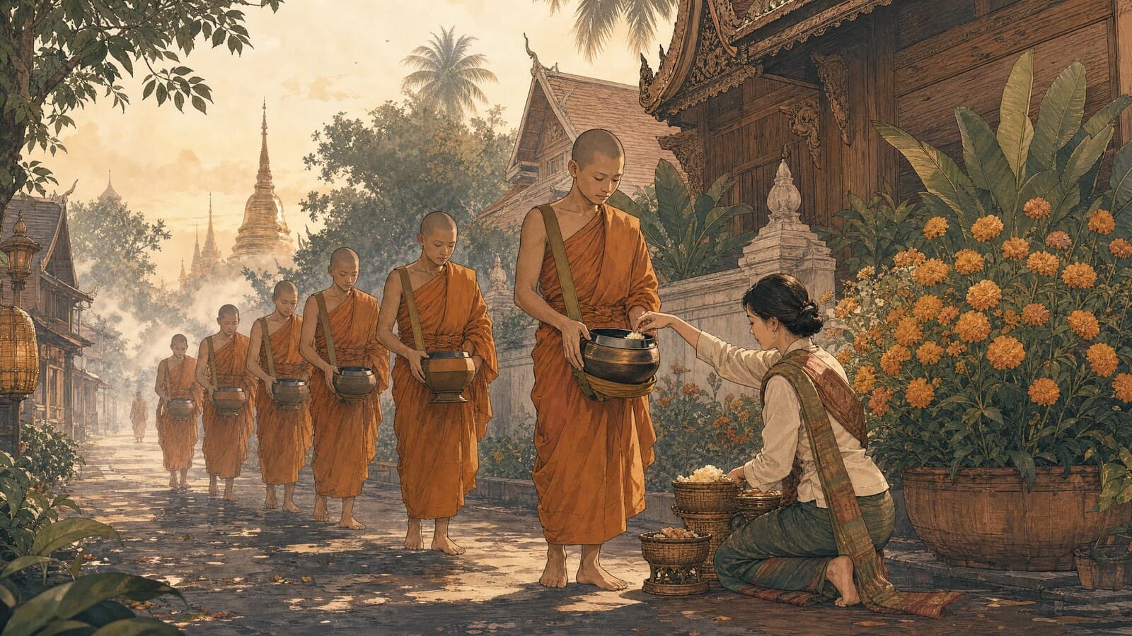 A warm Lanna-style illustration of saffron-robed monks walking barefoot in single file along a misty dawn street in Chiang Mai, a kneeling layperson placing rice into an alms bowl, marigolds and a temple roofline behind