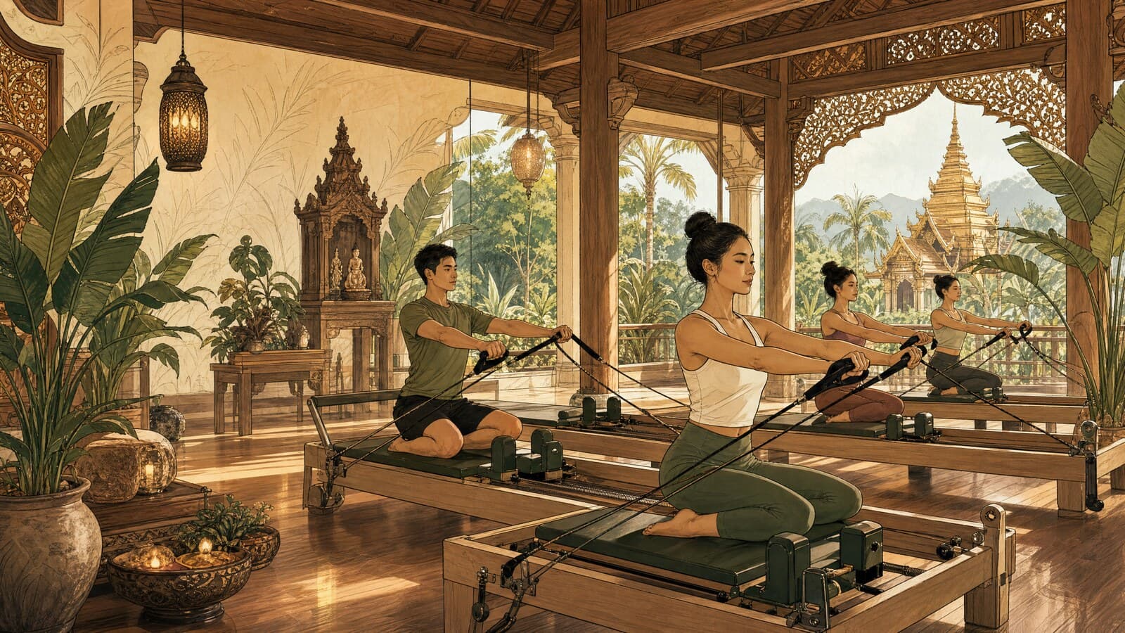 A warm Lanna-style illustration of people on pilates reformers in a bright open studio with teak beams, tropical plants and soft golden light