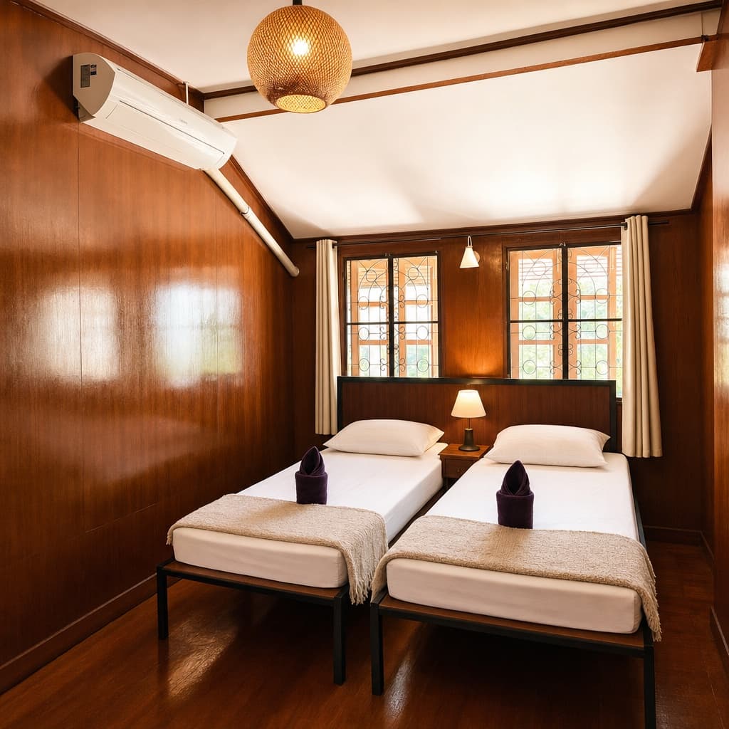 Upstairs bedroom with garden view and traditional Thai woodwork